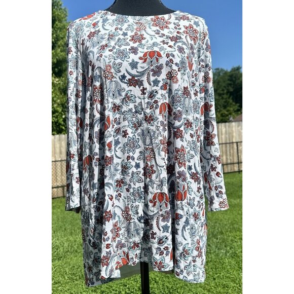 J. JILL Wearever Coll. Floral Tunic Top Sz Lg TALL Blue/Auburn Split Back Flowy - Picture 1 of 14